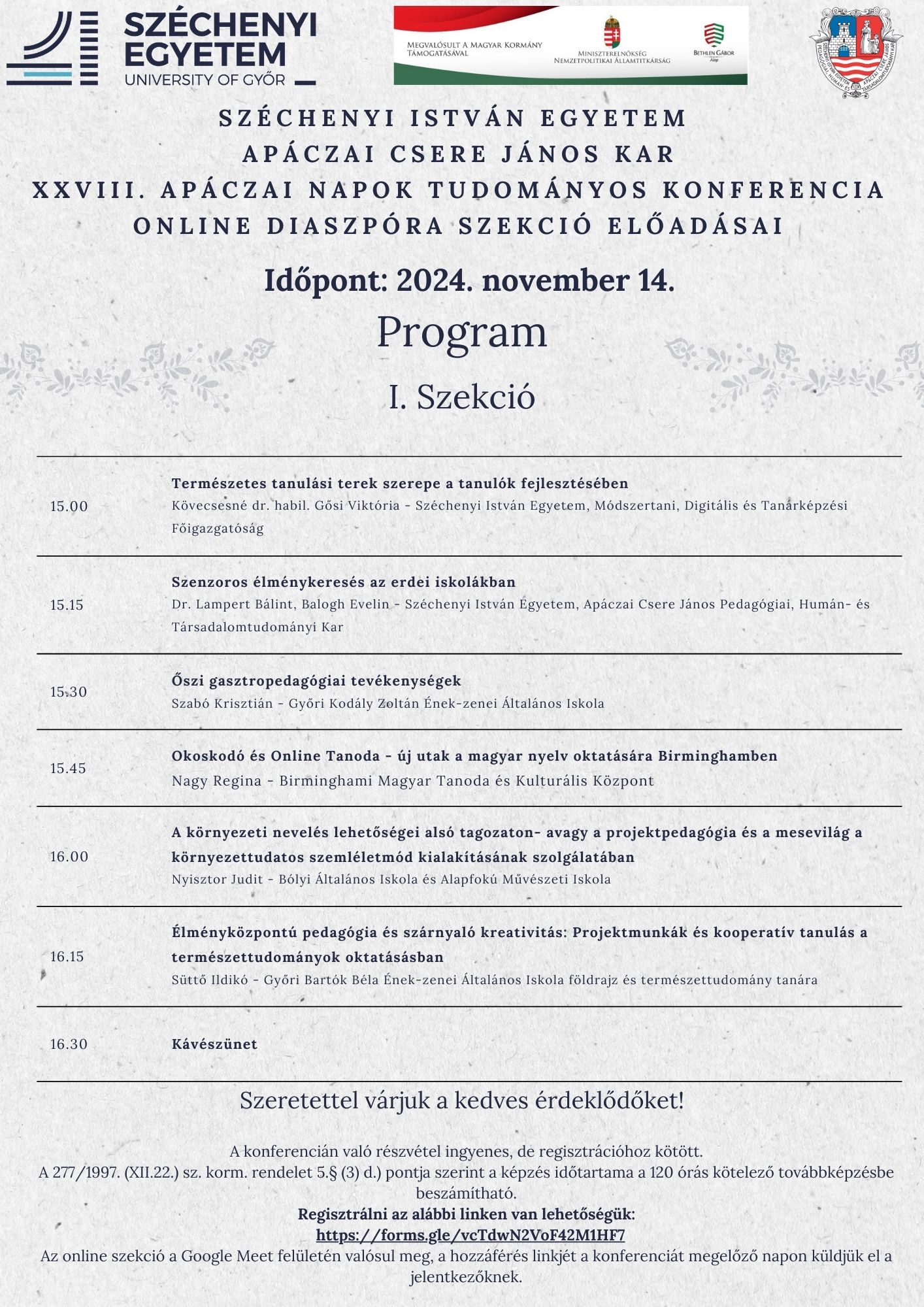 XXVIII. Apáczai-napok Tudományos Konferencia online diaszpóra szekció programfüzet